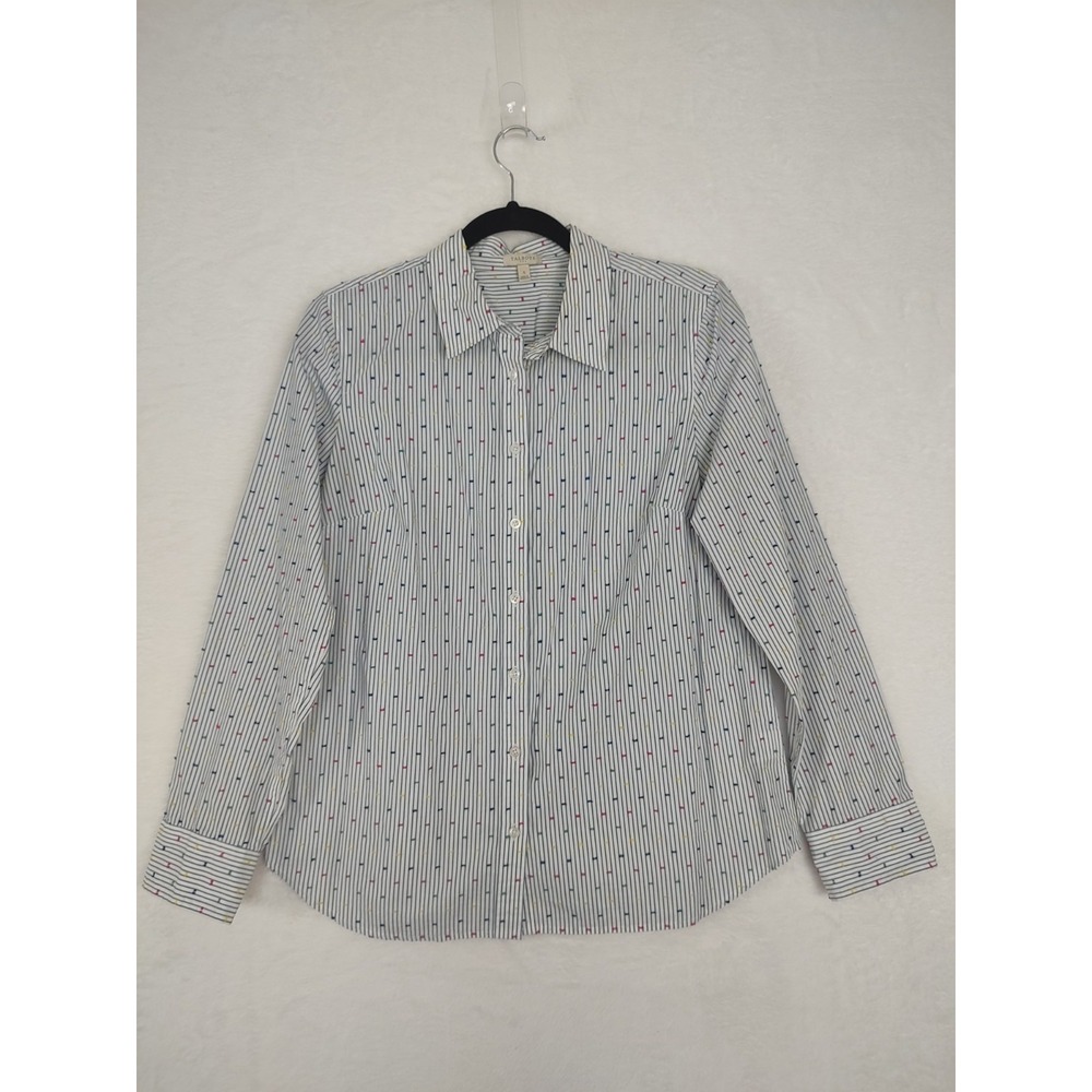 Talbots Womens Small Blue White Striped Multicolor Embroidered Dot Cotton Shirt